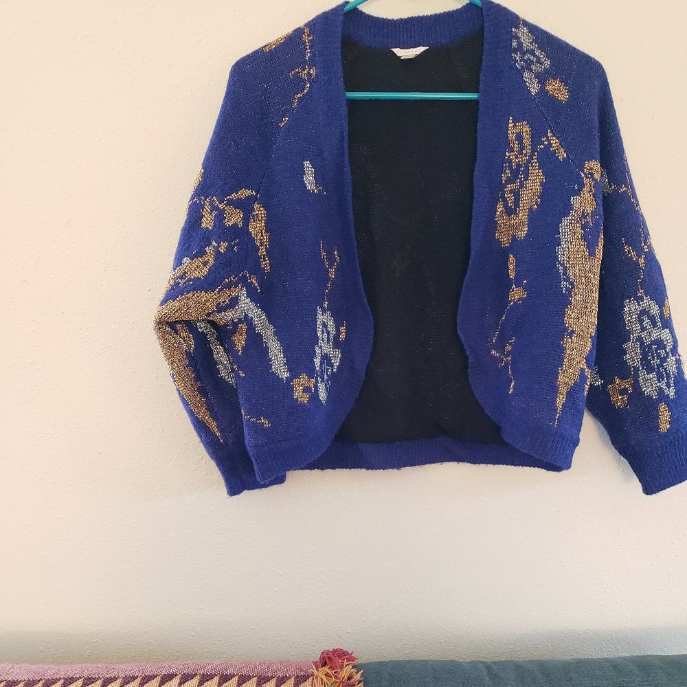 Blue and Gold Knitted Sweater Cardigan - Size Smal